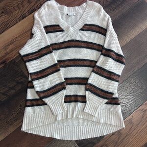 American Eagle Outfitters Cream and Brown Striped V-Neck Sweater